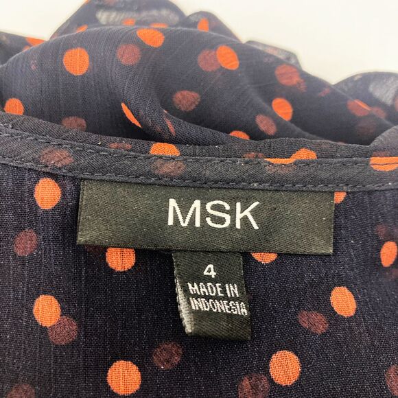 MSK Dress Size 4 Polka Dot Navy Pink Faux Wrap Ruffle Midi Short Sleeve - Picture 14 of 16